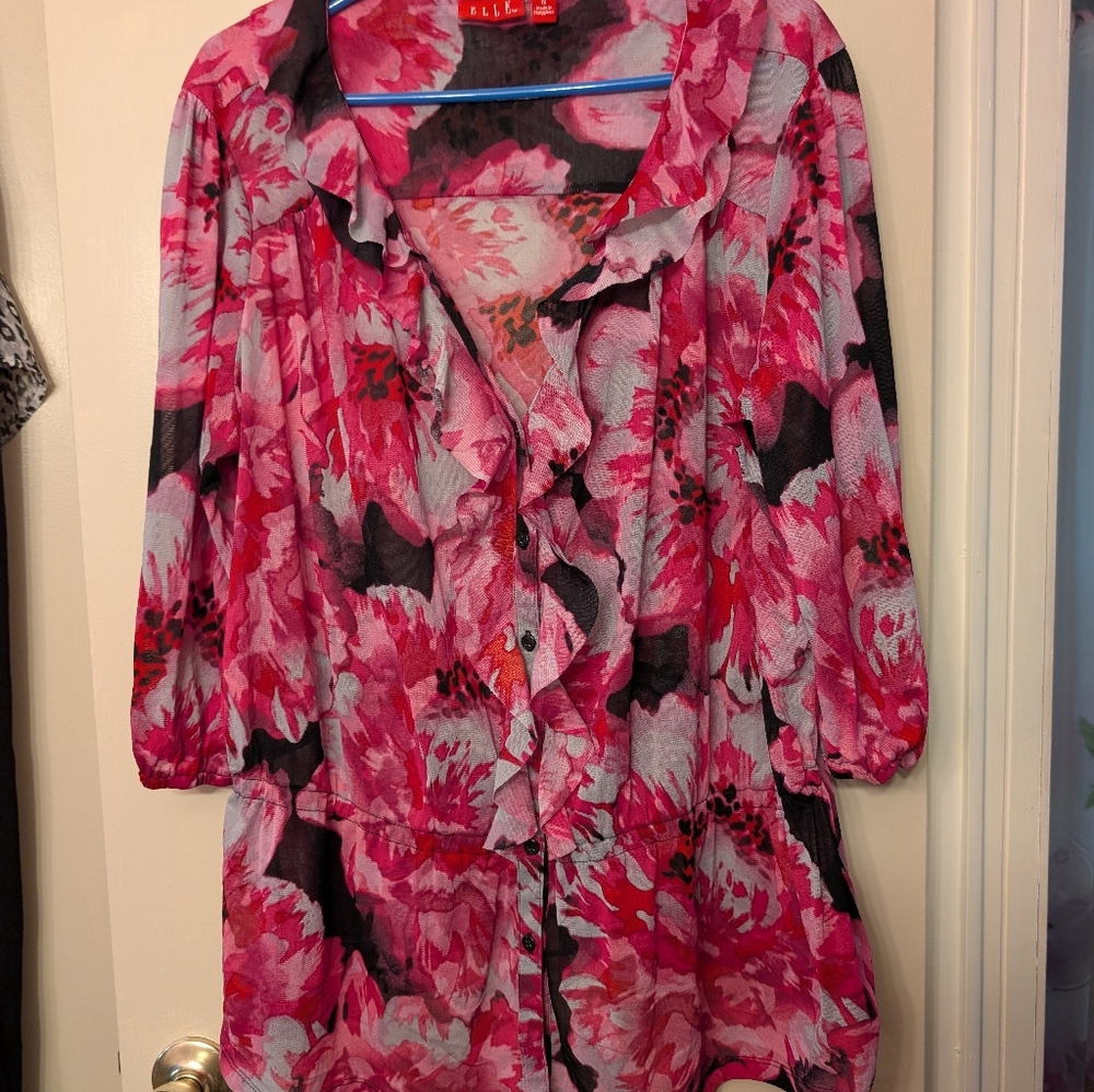Floral Pink and Black Button-Up Blouse